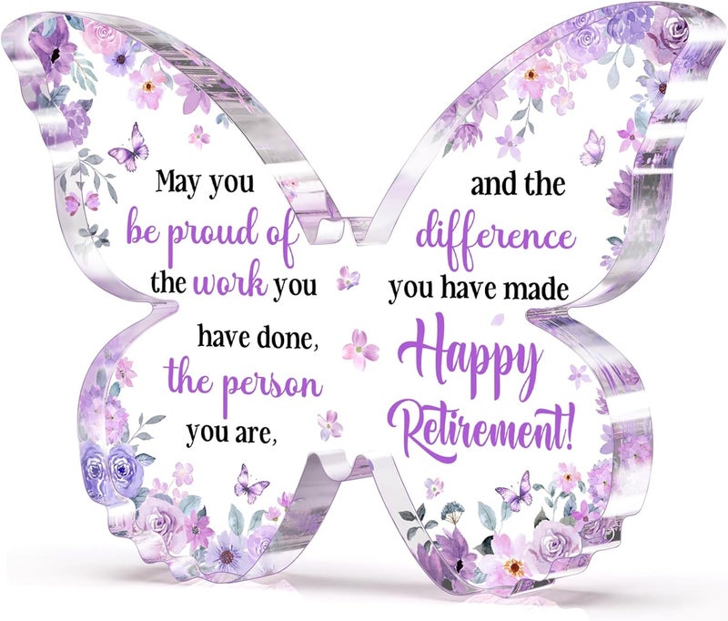 Glydein Unique Retirement Gift for Woman Men 2026, 5x3.8x0.5 Inch Purple Butterfly Acrylic Plaque Decor with Warm Words, Best Retirement Gifts for Coworker Teacher Friend Nurse Boss - Image 1